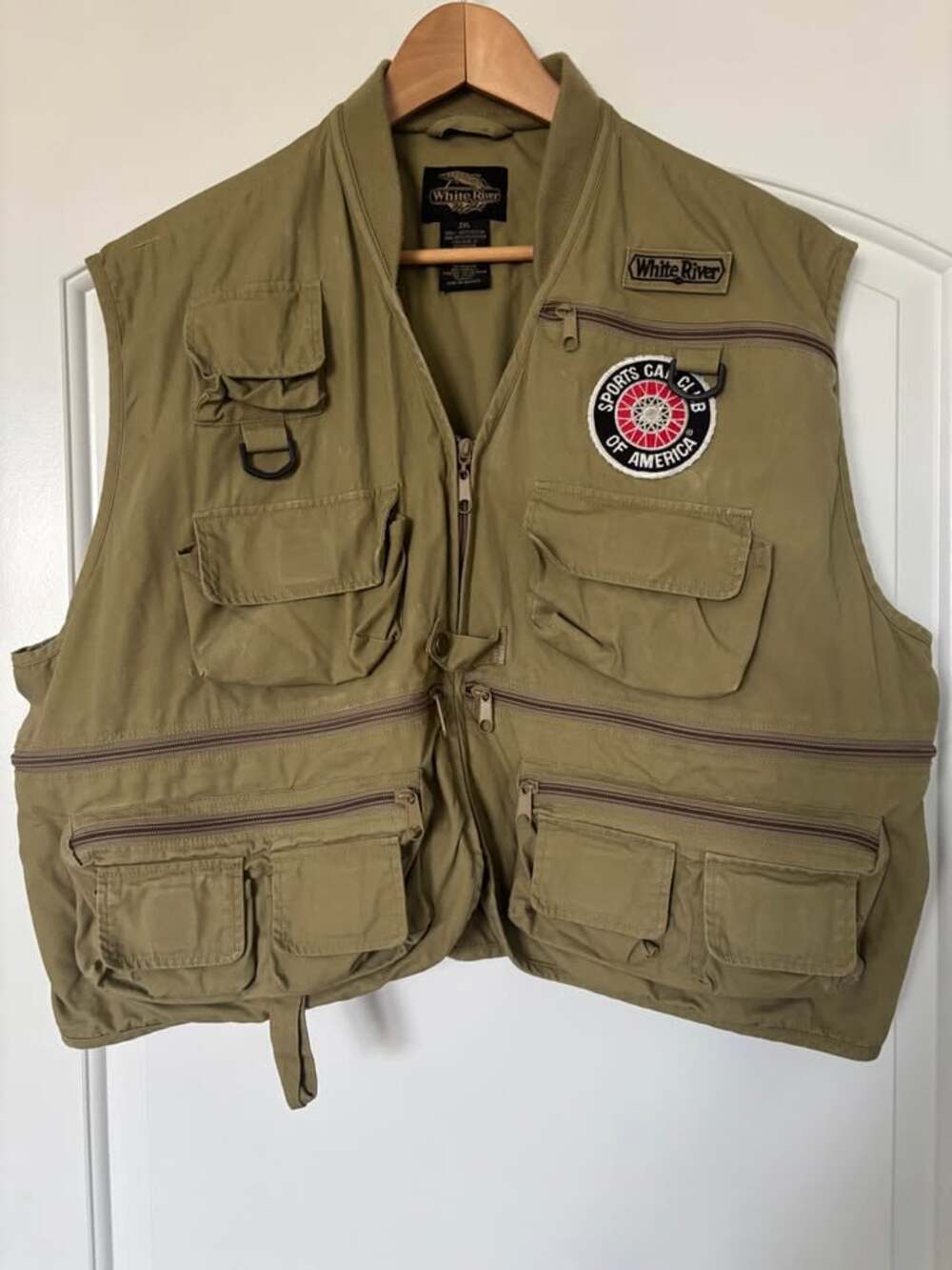 White River Fly Shop Men's 2XL Utility Fishing Vest Khaki Cotton SCCA Patch